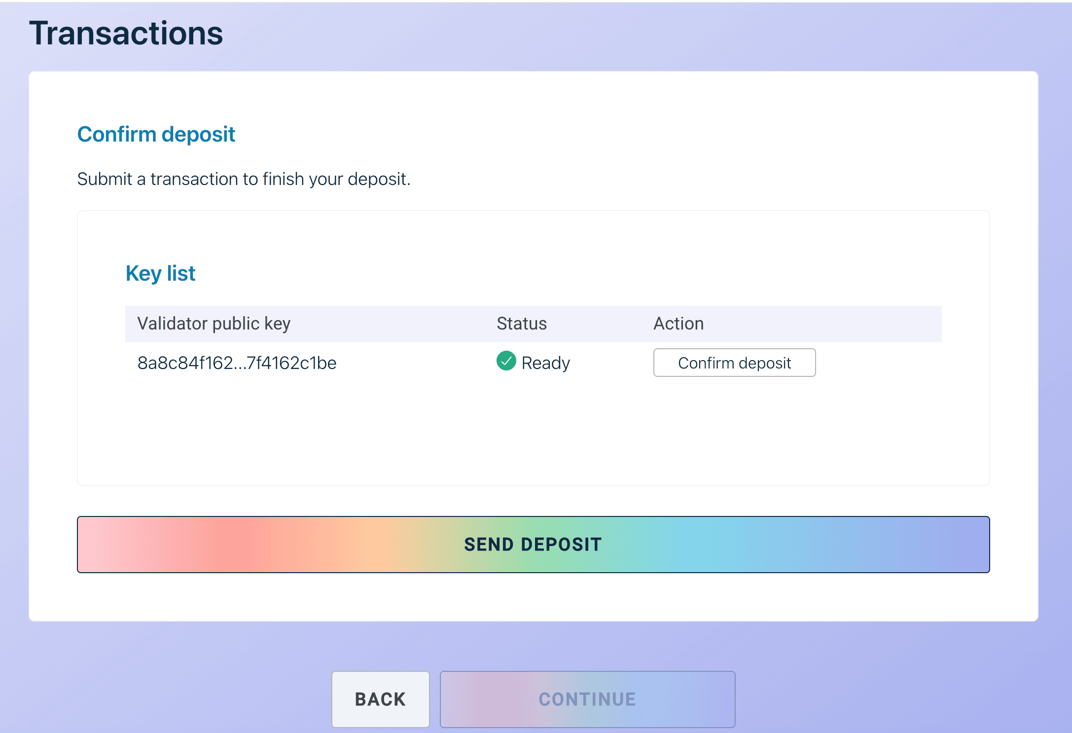 Confirm deposit step 1